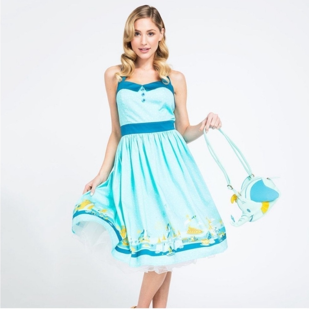Disney Parks Magic Kingdom Retro Pin-up Rockabilly Midi Dress Aqua Blue Size S